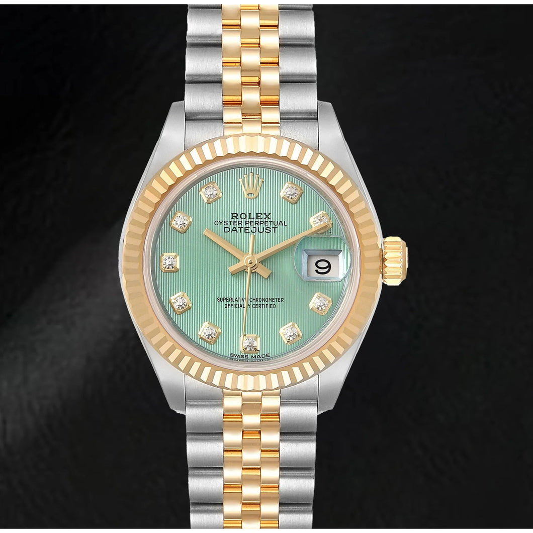 Rolex dameshorloge 279.173 Datumjust 28 staal geelgoud groene Tepstrey diamanten wijzerplaat