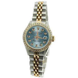 Rolex dameshorloge met blauwe diamanten wijzerplaat, datum, gewoon roestvrij staal en goud