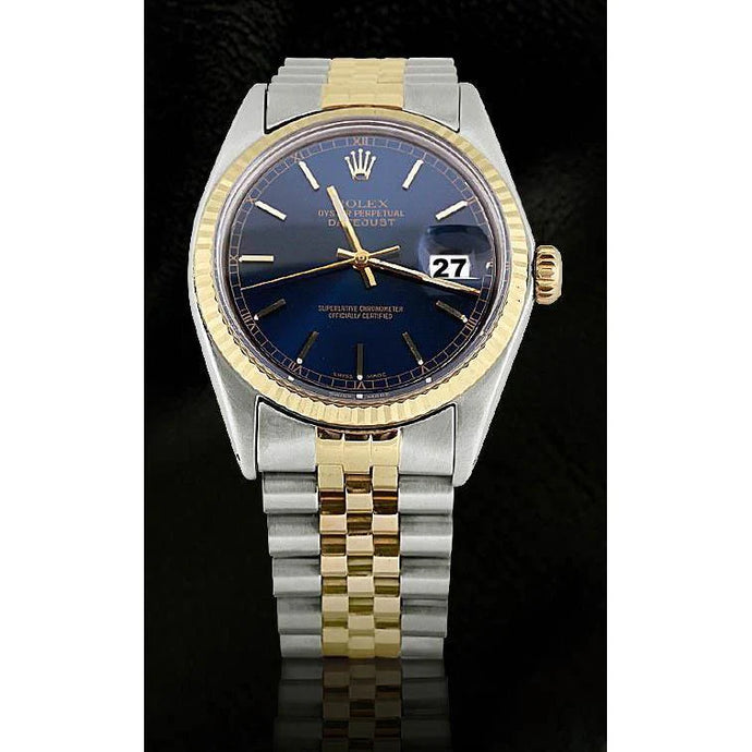 Rolex datumjust blauwe stok wijzerplaat gecanneleerde rand herenhorloge roestvrij staal en goud jubileum snel ingesteld
