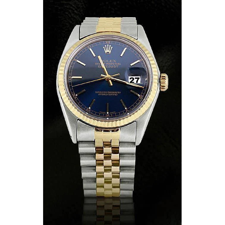 Rolex datumjust blauwe stok wijzerplaat gecanneleerde rand herenhorloge roestvrij staal en goud jubileum snel ingesteld
