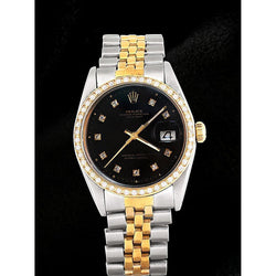 Rolex datumjust herenhorloge zwarte diamanten wijzerplaat tweekleurige armband