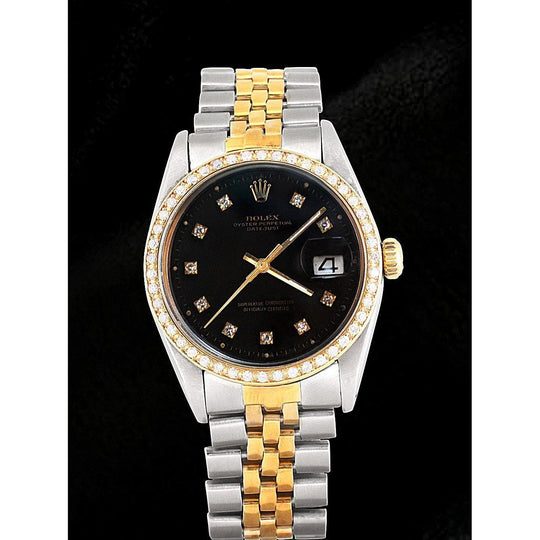Rolex datumjust herenhorloge zwarte diamanten wijzerplaat tweekleurige armband
