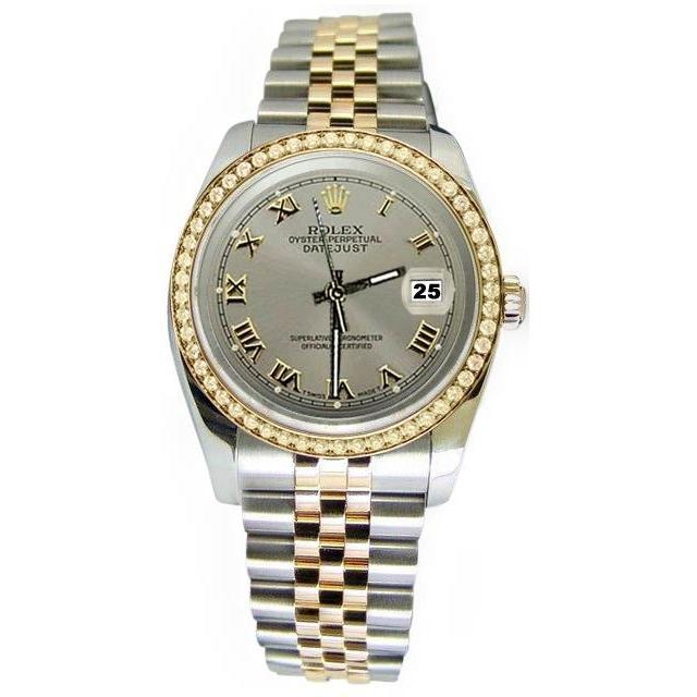 Rolex diamanten rand Datumjust horloge grijze Romeinse wijzerplaat tweekleurige SNELLE INSTELLING

