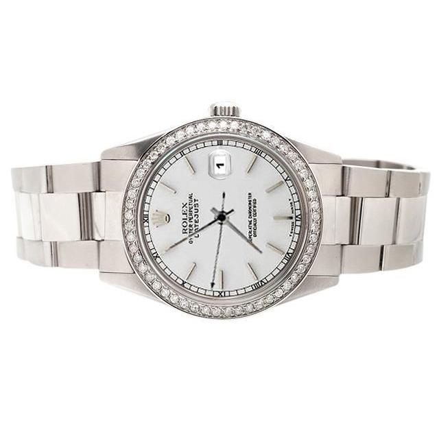 Rolex diamanten rand roestvrijstalen Datumjust-horloge met witte stok-wijzerplaat
