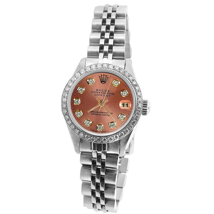 Rolex diamanten wijzerplaat rand jubileum roestvrijstalen armband Datumjust dameshorloge

