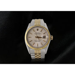 Rolex herenhorloge ivoorkleurige wijzerplaat datumjust tweekleurig goud en roestvrij staal snel ingesteld