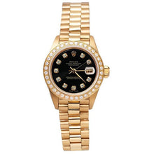 Afbeelding in Gallery-weergave laden, Rolex presidentiële stijl horloge zwarte diamanten wijzerplaat rand geel goud Datumjust

