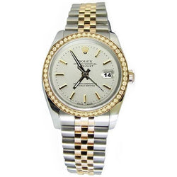 Rolex tweekleurig horloge Datumjust goud witte stok wijzerplaat diamanten rand snel ingesteld