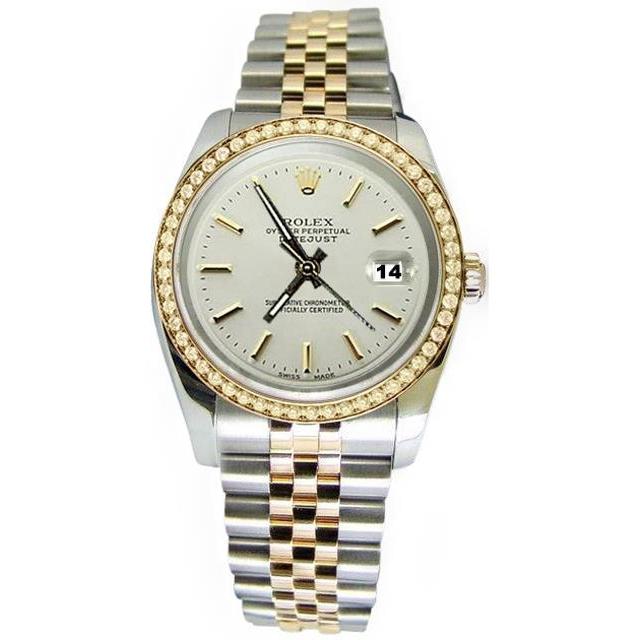 Rolex tweekleurig horloge Datumjust goud witte stok wijzerplaat diamanten rand snel ingesteld
