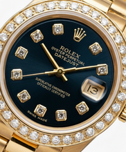 Afbeelding in Gallery-weergave laden, Rolex voorzitter Stijl Horloge Blauwe diamanten wijzerplaat rand Datumjust Geel goud
