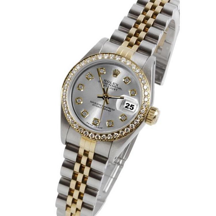 Rolex zilveren diamanten wijzerplaat Datumjust dameshorloge tweekleurige armband
