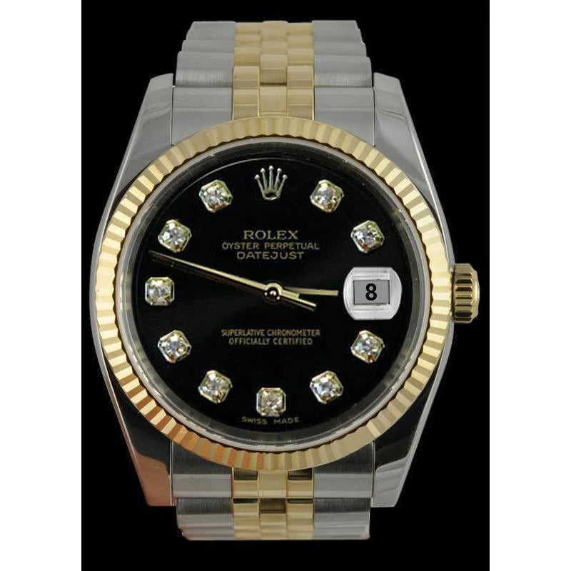 Rolex zwarte diamanten wijzerplaat Datumjust herenhorloge tweekleurig jubileum
