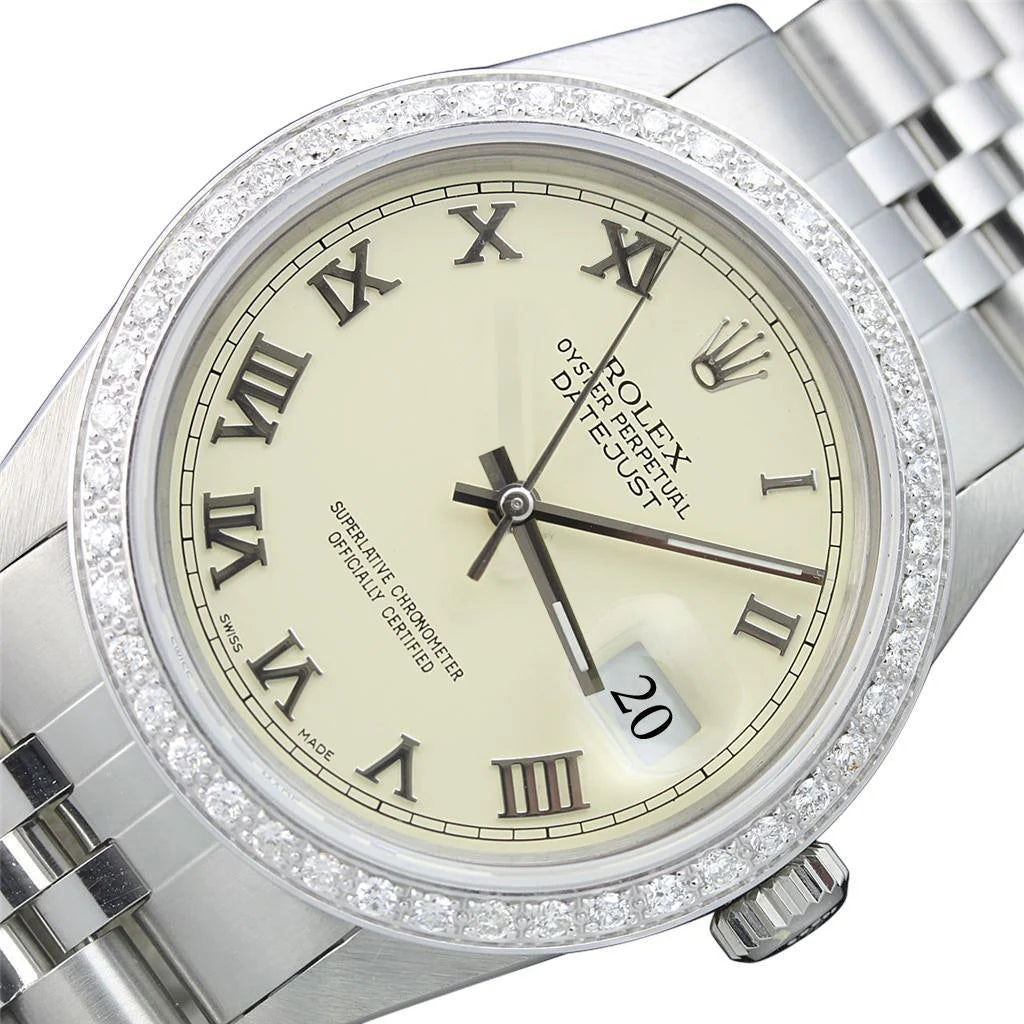 Romeinse wijzerplaat diamanten rand herenhorloge Roestvrij staal en goud Rolex Datumjust SNELLE INSTELLING
