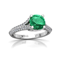 Rond geslepen 3,20 ct. Groene smaragd en diamanten trouwring goud wit 14K