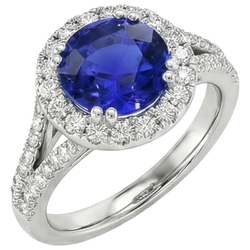 Ronde Blauwe Saffier & Halo Natuurlijke uit de aarde gewonnen Diamanten Verlovingsring 10 Karaat Nieuw