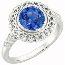 Ronde Ceylon Sapphire Diamond Ring Bezel Set 3.80 Carat White Gold 14K