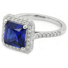 Afbeelding in Gallery-weergave laden, Ronde uit de aarde gewonnen diamanten Halo ring met Prinsesslijpsel blauwe saffier midden 6 karaat
