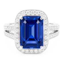 Afbeelding in Gallery-weergave laden, Ronde Diamond Halo Radiant Sapphire Ring Split Milgrain Shank 5 karaat

