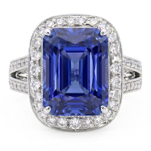 Afbeelding in Gallery-weergave laden, Ronde Diamond Halo Radiant Sapphire Ring Split Milgrain Shank 5 karaat
