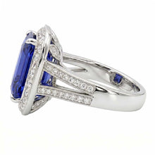 Afbeelding in Gallery-weergave laden, Ronde Diamond Halo Radiant Sapphire Ring Split Milgrain Shank 5 karaat

