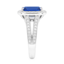 Afbeelding in Gallery-weergave laden, Ronde Diamond Halo Radiant Sapphire Ring Split Milgrain Shank 5 karaat
