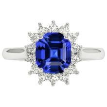 Afbeelding in Gallery-weergave laden, Ronde Halo IGI GECERTIFICEERDE Diamanten Asscher Geslepen Blauwe Saffier 6.50 Karaat Ring 14K Goud

