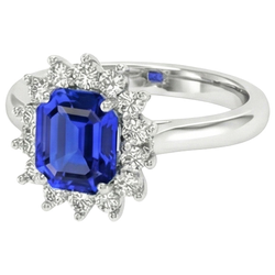 Ronde Halo IGI GECERTIFICEERDE Diamanten Asscher Geslepen Blauwe Saffier 6.50 Karaat Ring 14K Goud