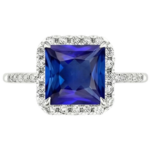 Afbeelding in Gallery-weergave laden, Ronde uit de aarde gewonnen diamanten &amp; blauwe saffieren Verlovingsring met accenten 6 karaat
