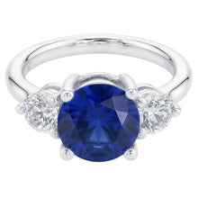 Afbeelding in Gallery-weergave laden, Ronde Natuurlijke echte diamant ( niet in het laboratorium gekweekt )en drie stenen diepblauwe saffier ring 2,50 karaat sieraden

