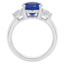 Afbeelding in Gallery-weergave laden, Ronde Natuurlijke echte diamant ( niet in het laboratorium gekweekt )en drie stenen diepblauwe saffier ring 2,50 karaat sieraden
