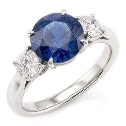Ronde Natuurlijke echte diamant ( niet in het laboratorium gekweekt )en ring met drie stenen natuurlijke blauwe saffier 2,25 karaat