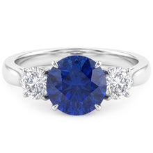 Afbeelding in Gallery-weergave laden, Ronde Natuurlijke echte diamant ( niet in het laboratorium gekweekt )en ring met drie stenen natuurlijke blauwe saffier 2,25 karaat
