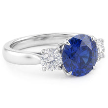 Afbeelding in Gallery-weergave laden, Ronde Natuurlijke echte diamant ( niet in het laboratorium gekweekt )en ring met drie stenen natuurlijke blauwe saffier 2,25 karaat
