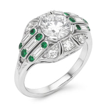 Afbeelding in Gallery-weergave laden, Ronde Oud Mijn Slijpvorm Natuurlijke uit de aarde gewonnen Diamanten Ring met Baguette &amp; Groene Saffier 3.25 Karaat
