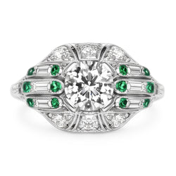 Ronde Oud Mijn Slijpvorm Natuurlijke uit de aarde gewonnen Diamanten Ring met Baguette & Groene Saffier 3.25 Karaat