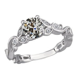 Echte ronde oudgeslepen natuurlijke uit de aarde gewonnen diamanten ring met bladmotief in antieke stijl, 14K goud, 3 karaat