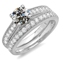 Trouwringset met ronde Old Mine Cut, echte, natuurlijke, uit de aarde gewonnen diamanten, 14K goud, 5.50 karaat
