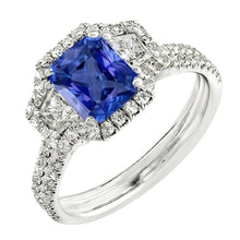 Afbeelding in Gallery-weergave laden, Ronde &amp; Trapezium Diamant Halo Saffier Verlovingsring 4 Karaat
