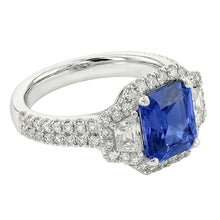 Afbeelding in Gallery-weergave laden, Ronde &amp; Trapezium Diamant Halo Saffier Verlovingsring 4 Karaat
