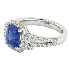 Afbeelding in Gallery-weergave laden, Ronde &amp; Trapezium Diamant Halo Saffier Verlovingsring 4 Karaat
