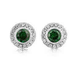 Ronde geslepen 4 karaat groene smaragd met diamanten Halo-oorknopjes goud