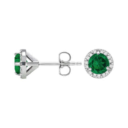 Ronde groene smaragd met halo diamanten oorbel 3,70 karaat witgoud 14K