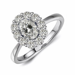 Ronde & ovale oudgeslepen natuurlijke uit de aarde gewonnen diamanten haloring met taps toelopende schacht, 4 karaat