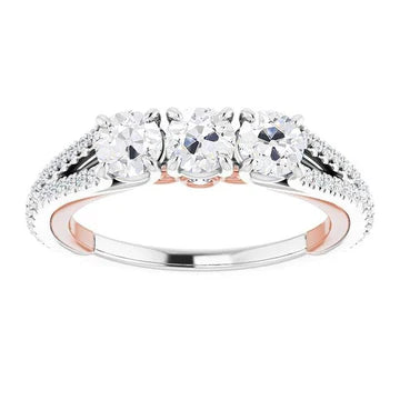 Ronde 3 Stenen Stijl Oude Geslepen Echt Diamanten Ring Met Gespleten Schacht 5,75 Karaat