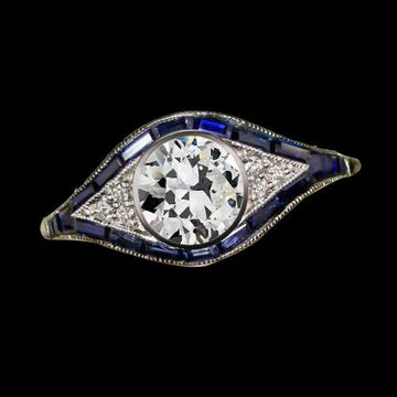 Ronde Old Cut Echt Diamond Bezel Set Ring & Baguette Sapphire 3 Carats