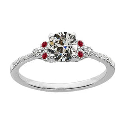 Ronde Oude Mijn Geslepen Echt Diamant En Robijn Damesring Wit Goud 3 Karaat