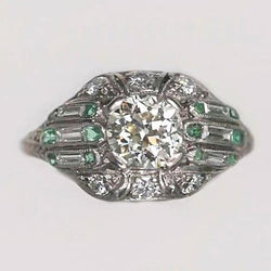 Ronde Oud Mijn Slijpvorm Natuurlijke uit de aarde gewonnen Diamanten Ring met Baguette & Groene Saffier 3.25 Karaat