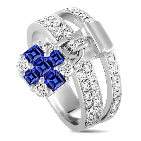 Ronde Diamanten Asscher Sapphire Ring Lock Style Split Shank