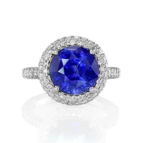 Ronde Geslepen Halo Diamant En Sri Lanka Blauwe Saffier Ring 14K