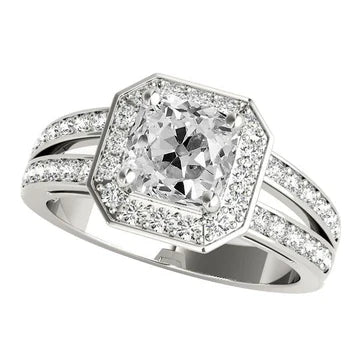 Ronde & Kussen Old Cut Echt Diamond Halo Ring Split Shank 5 Karaat